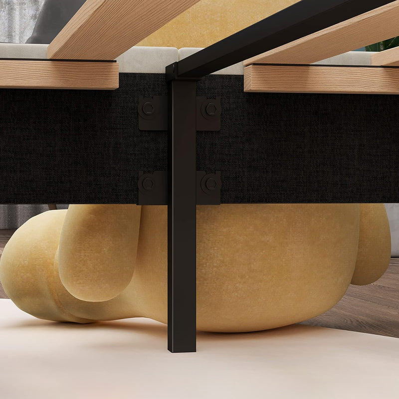 Twin Size Bed Frame Velvet Upholstered Platform Bed Frame with Under-Bed Drawer and Headboard, Beige