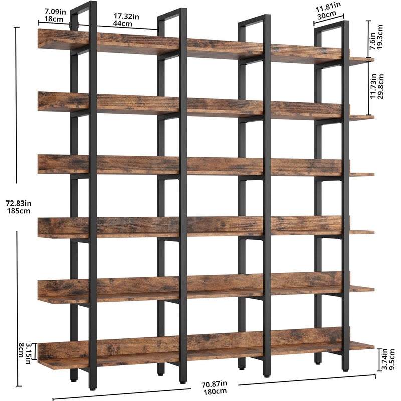 Open Bookshelf, Display shelf Triple Wide 6 Tiers Large Open Shelves,Bookcase and Bookshelves,  Etagere Bookcases with Back Fence