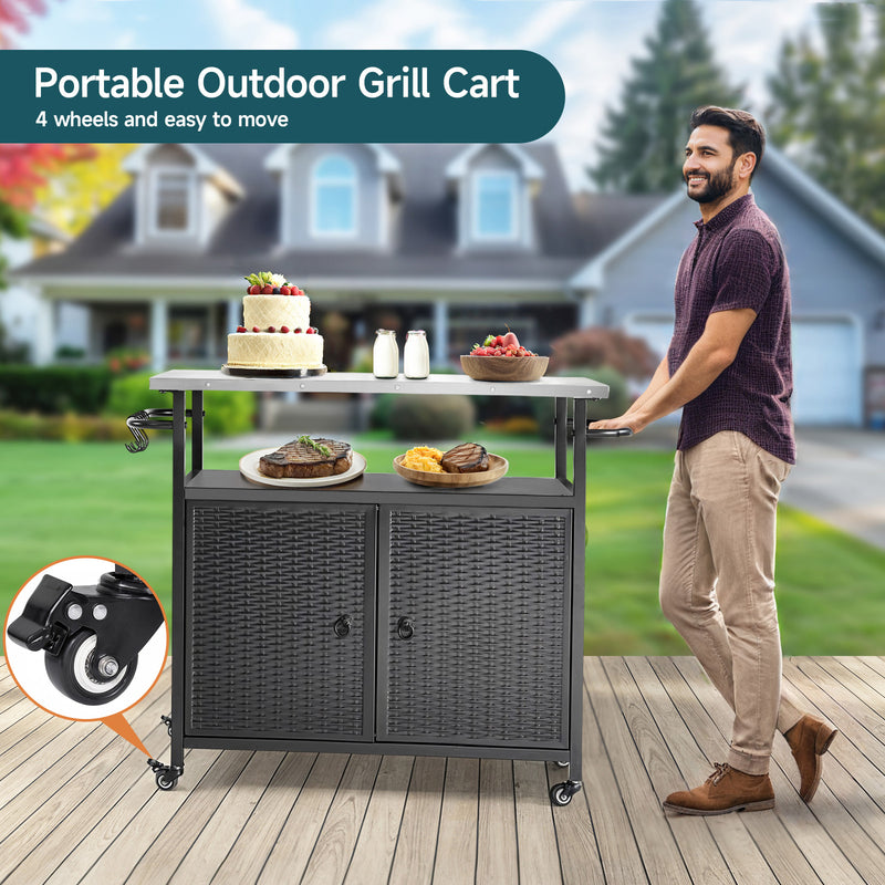 Outdoor Grill Cart with Storage Cabinet, Kitchen Island Cart with four casters and three shelves