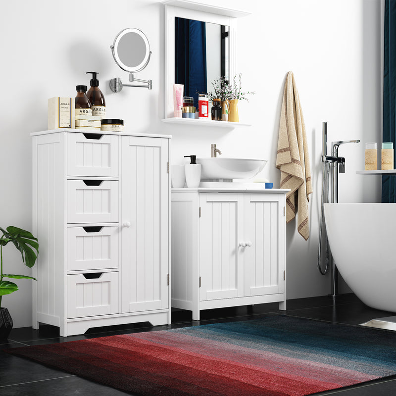 Bathroom Storage Cabinet, Wooden Organizer with 4 Drawers and Adjustable Shelves