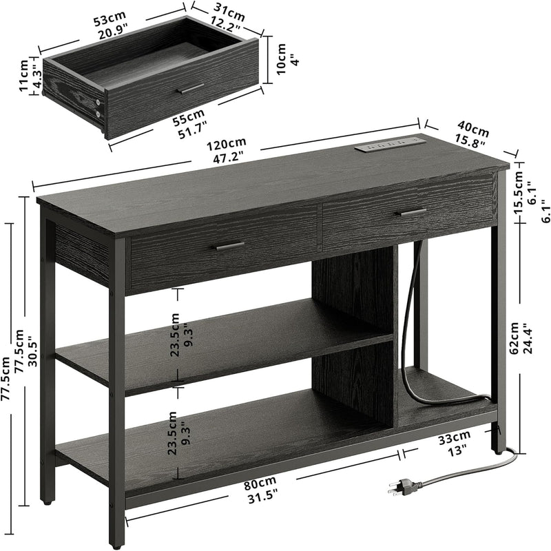 Industrial TV Stand LED Lights Power Outlet for 55 Inch TV, Entertainment Center with Media Storage Shelf and 2 Large Drawers