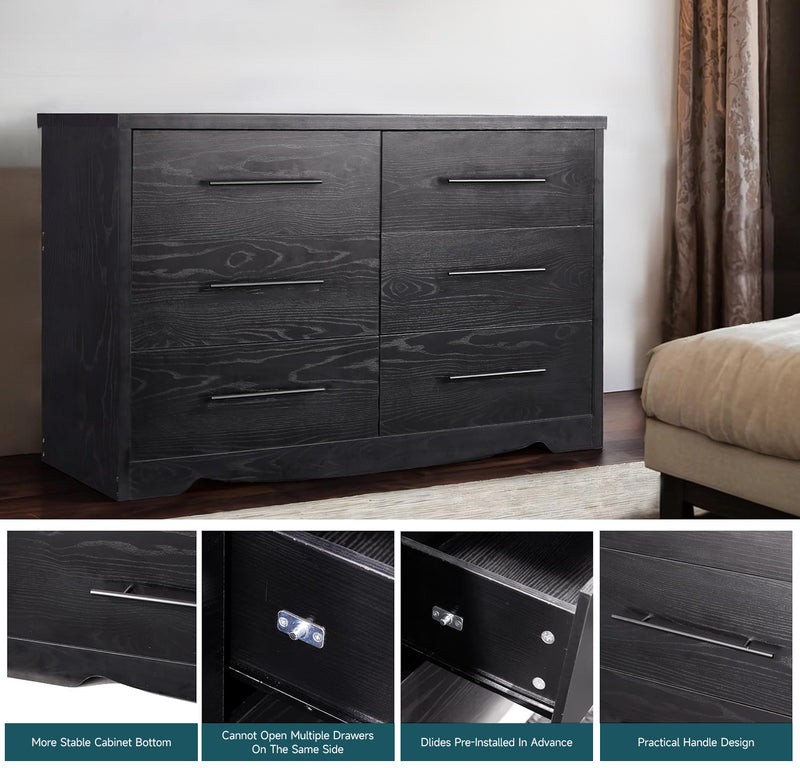 55" Dressers with 6 Drawer Dresser Chests of Drawers with Metal Handles, Black