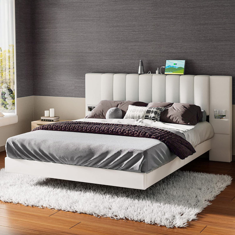 Floating Bed Frame with Headboard, Led Light Strip, No Box Spring Required