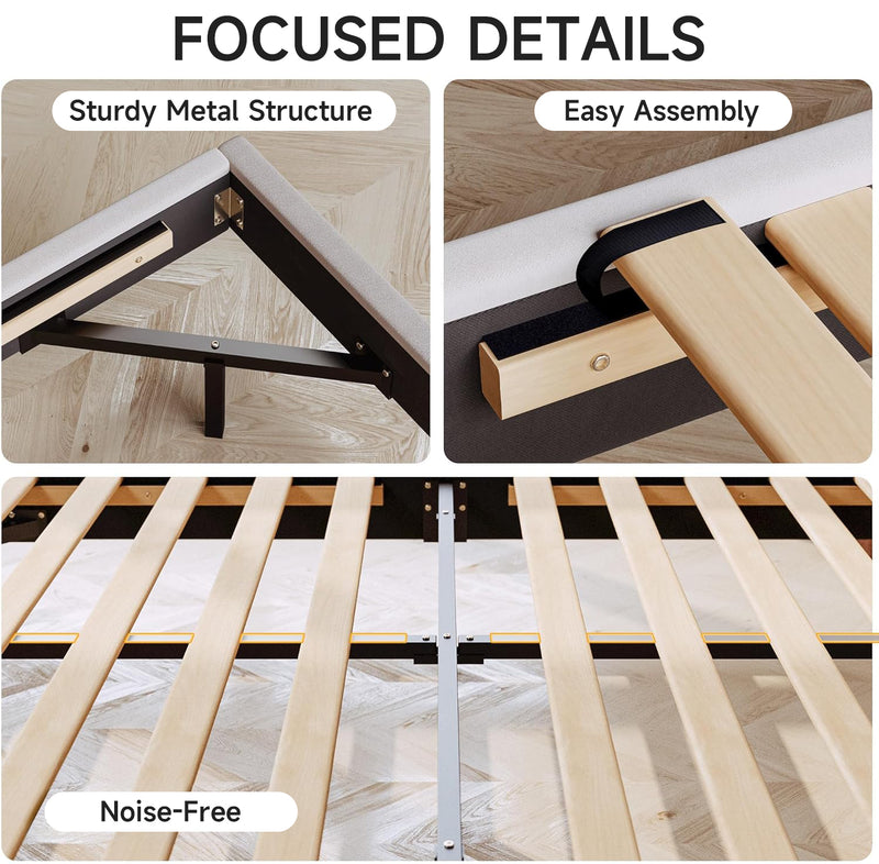 Floating Queen Bed Frame with Charging Station, Tall Bookcase Headboard, No Box Spring Needed