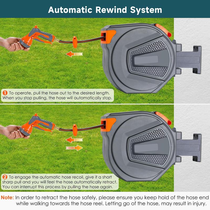 Retractable Garden Hose Reel, 1/2 in x 100 ft Hose Reel Wall Mounted Heavy Duty with 9-Function Nozzle Rewind Storage