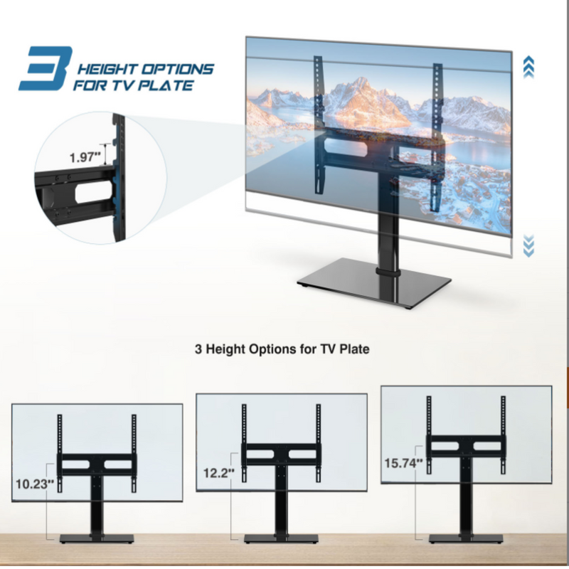 Adjustable TV Stand with Tilt Function, Black Tempered Glass Base for 26-55 Inch TVS