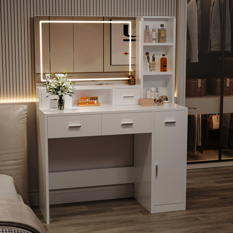 Dressing Table with Drawers, Storage Cabinet, Power Outlet and Light Mirror