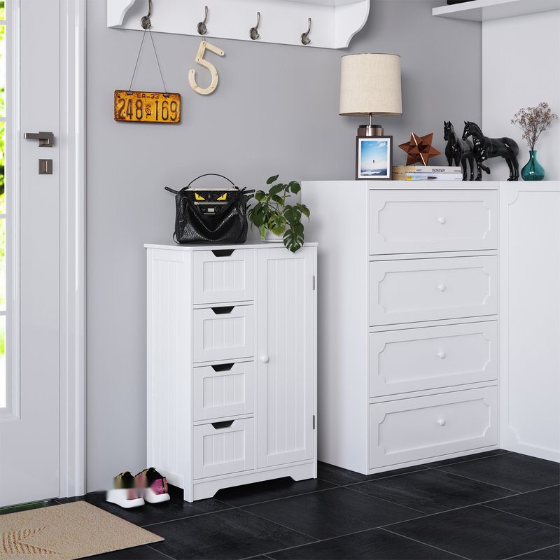 Bathroom Storage Cabinet, Wooden Organizer with 4 Drawers and Adjustable Shelves