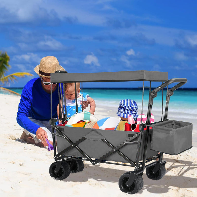 Folding Wagon All-Terrain Wheels Camping Cart with Canopy and Basket