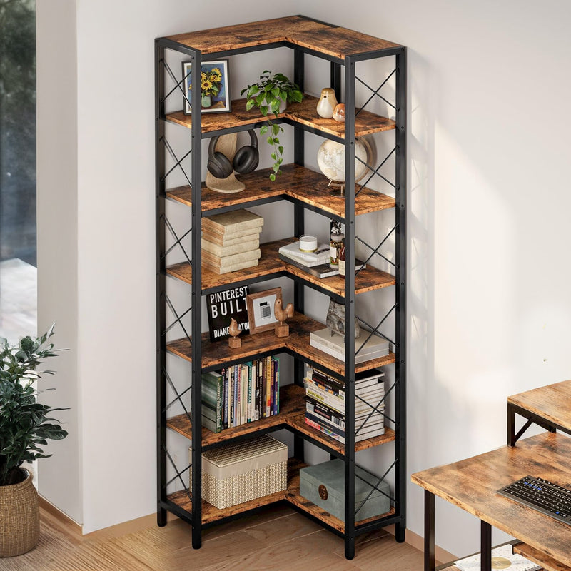 7-Tier Industrial Corner Bookshelf, Corner Shelf, Tall Storage Display Rack with Metal Frame, for Living Room, Home Office