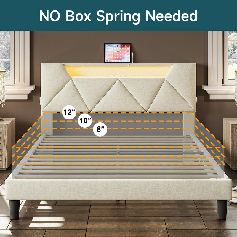 Bed Frame with Storage Headboard and Charging Cradle with Led Lights