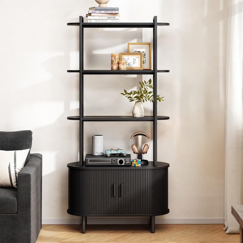 71 Inch Modern Bookshelf Bookcase 4-Tier Storage Bookshelves with Sliding Door and Adjustable Footpad