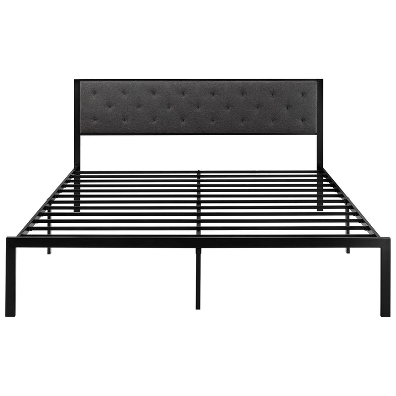 Upholstered Headboard Bed Frame, Chic Diamond Seam Tufting Design, No Springs Required, Dark Gray