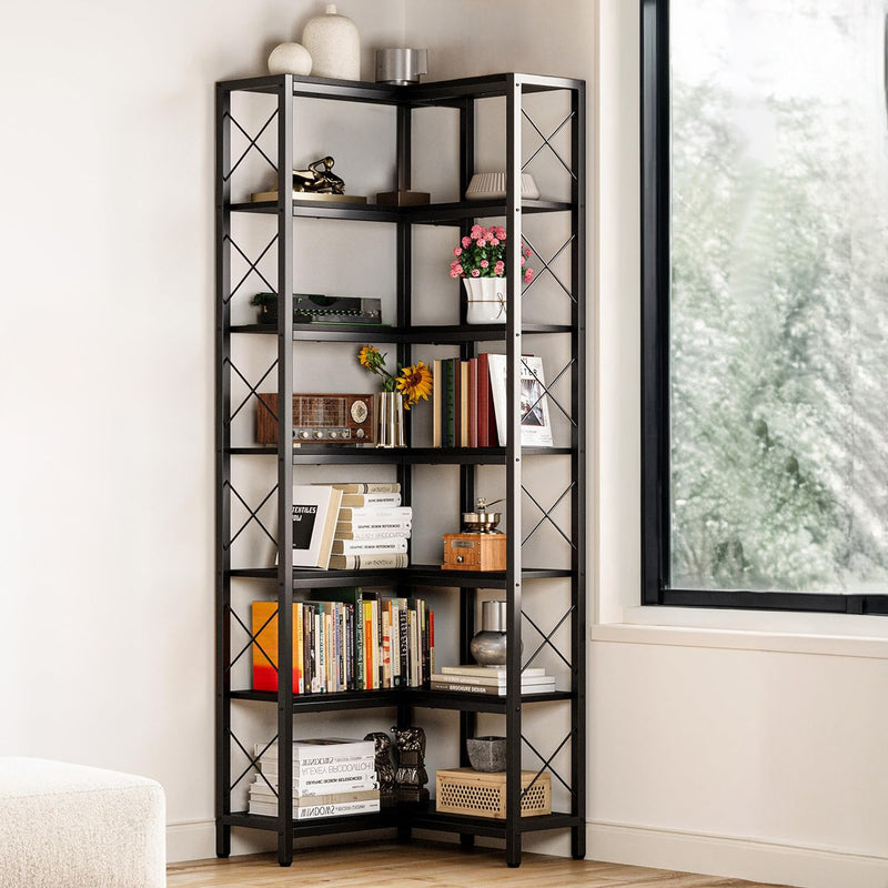 7-Tier Industrial Corner Bookshelf, Corner Shelf, Tall Storage Display Rack with Metal Frame, for Living Room, Home Office