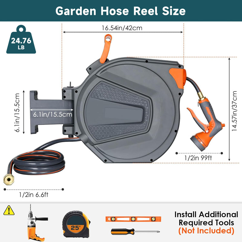 Retractable Garden Hose Reel, 1/2 in x 100 ft Hose Reel Wall Mounted Heavy Duty with 9-Function Nozzle Rewind Storage