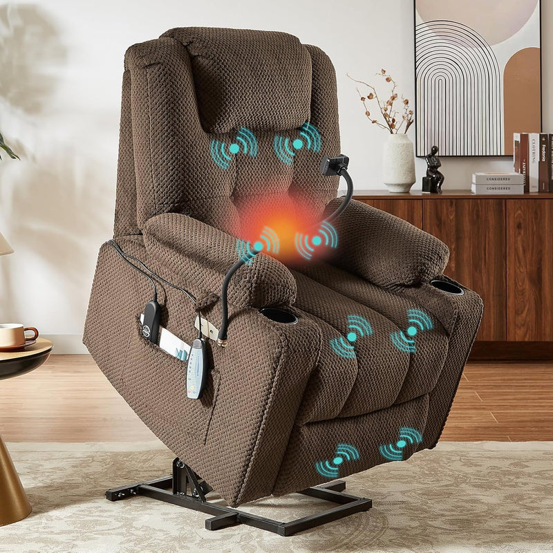 Power Recliner Chair with Massage and Heat Function, Velvet Fabric Electric Recliner with Extended Footrest, USB Port, Cup Holders