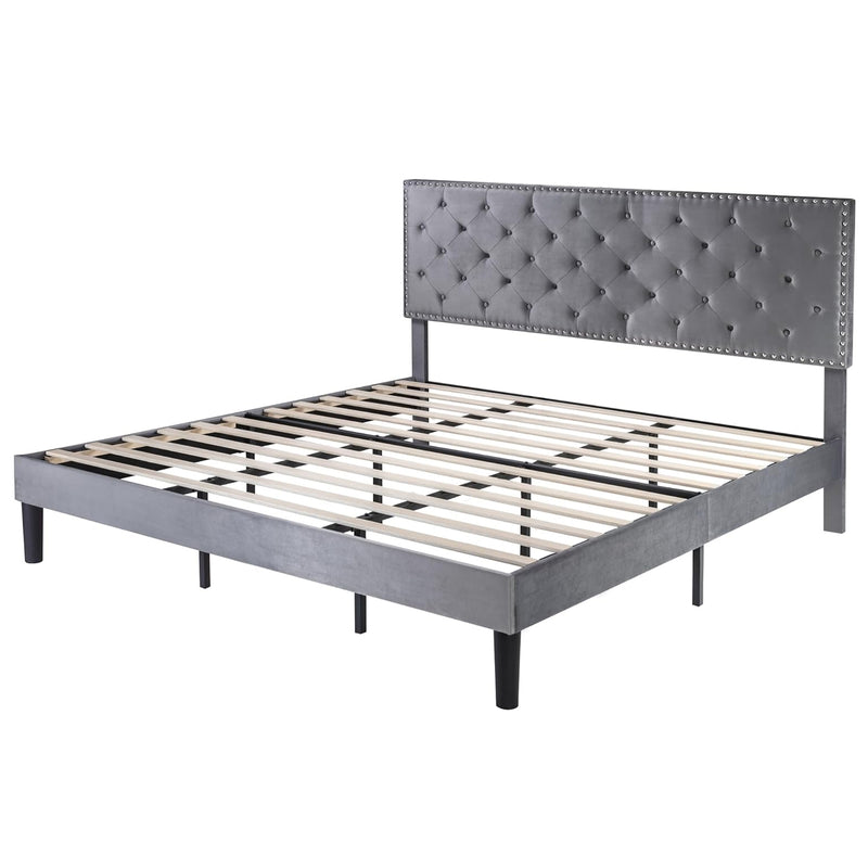 Velvet Upholstered Bed Frame with Adjustable Button Tufted Headboard, Slats Support, No Box Spring Needed