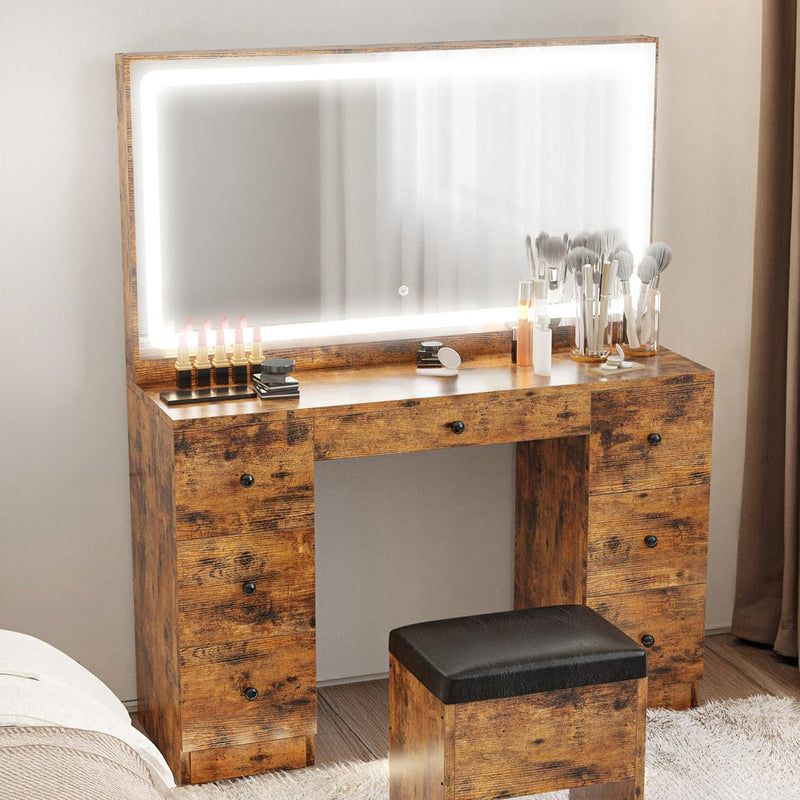 Makeup Vanity Dressing Desk Set with LED Lighted Mirror & Power Outlet, 7 Drawers