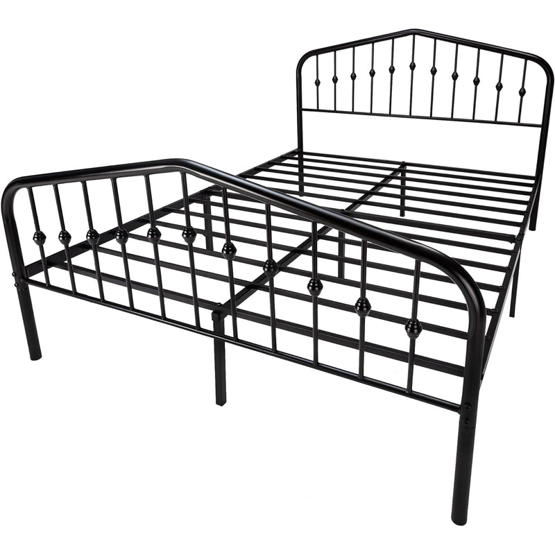 Vintage Metal Platform Bed Frame with Headboard and Footboard, No Springs Required, Black