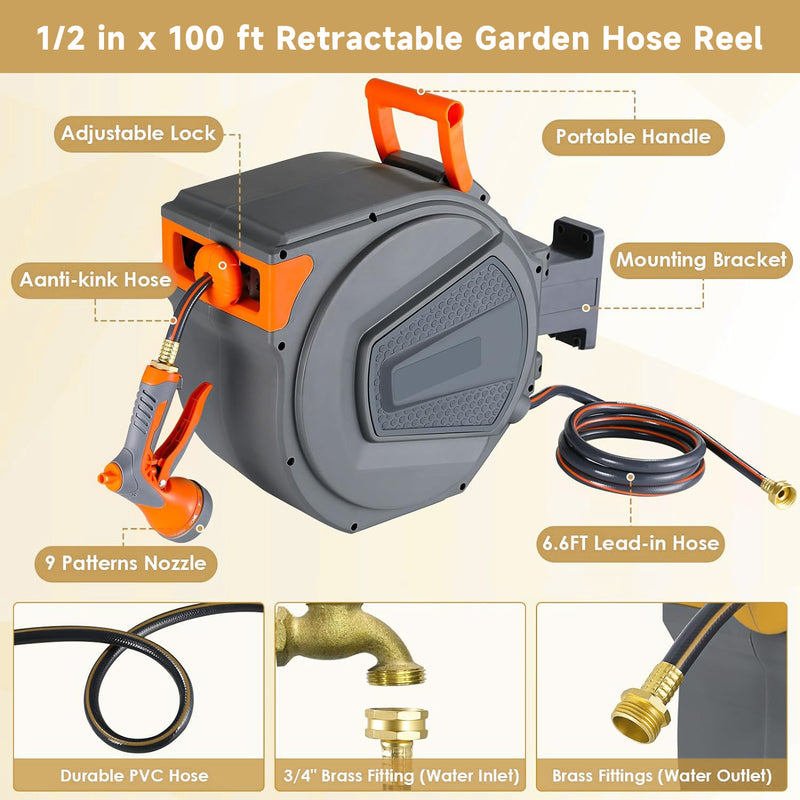 Retractable Garden Hose Reel, 1/2 in x 100 ft Hose Reel Wall Mounted Heavy Duty with 9-Function Nozzle Rewind Storage