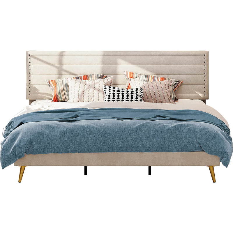 King Size Bed Frame with Headboard, Upholstered Platform Bed with Metal Supports, Beige