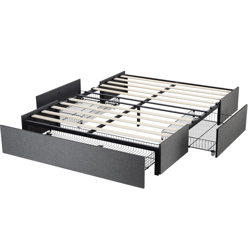 Upholstered Platform Bed Frame with 3 Storage Drawers, No Headboard, No Springs Required, Dark Grey