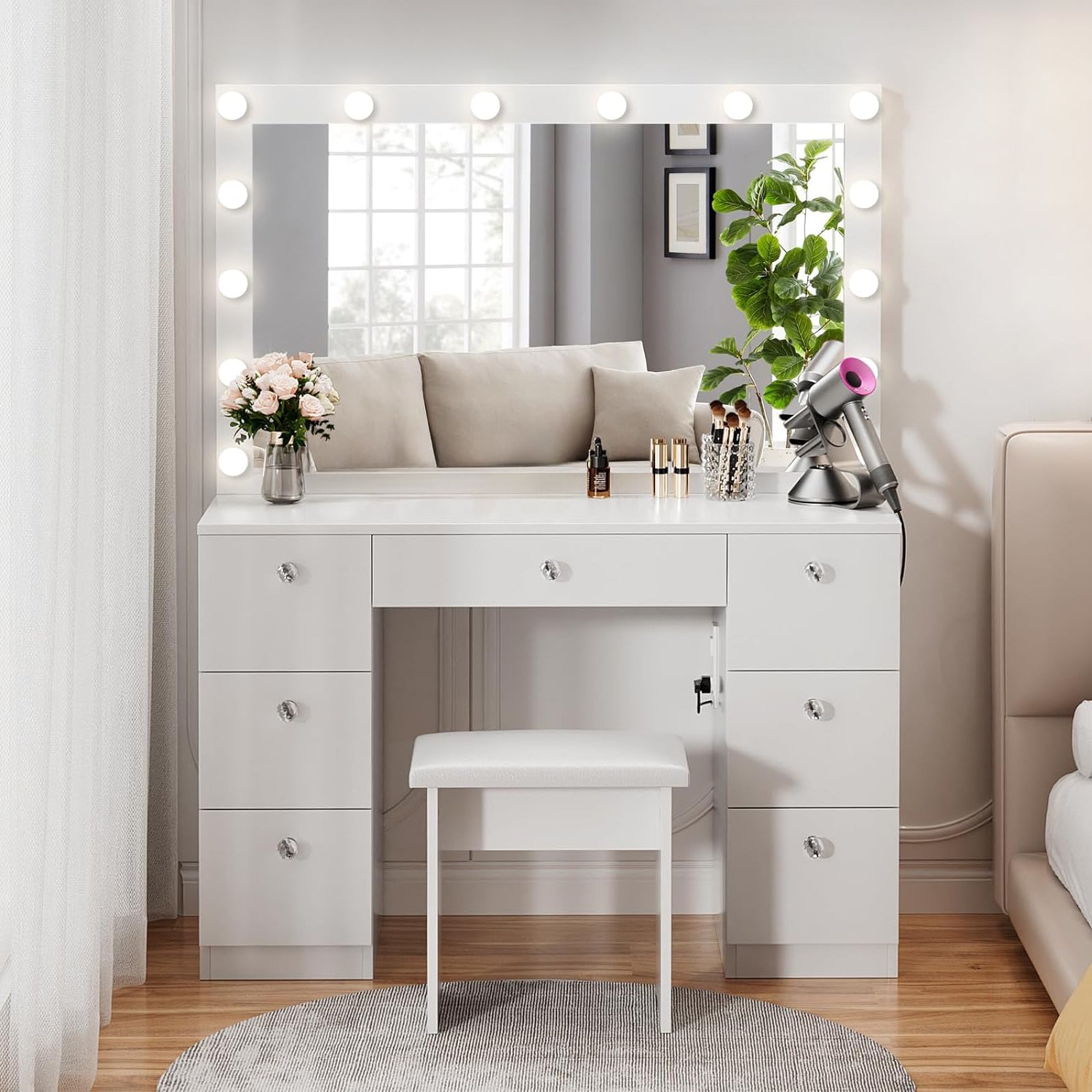 44 inch Makeup Vanity Desk with Lighted Mirror, Power Outlet, 7 Drawer ...