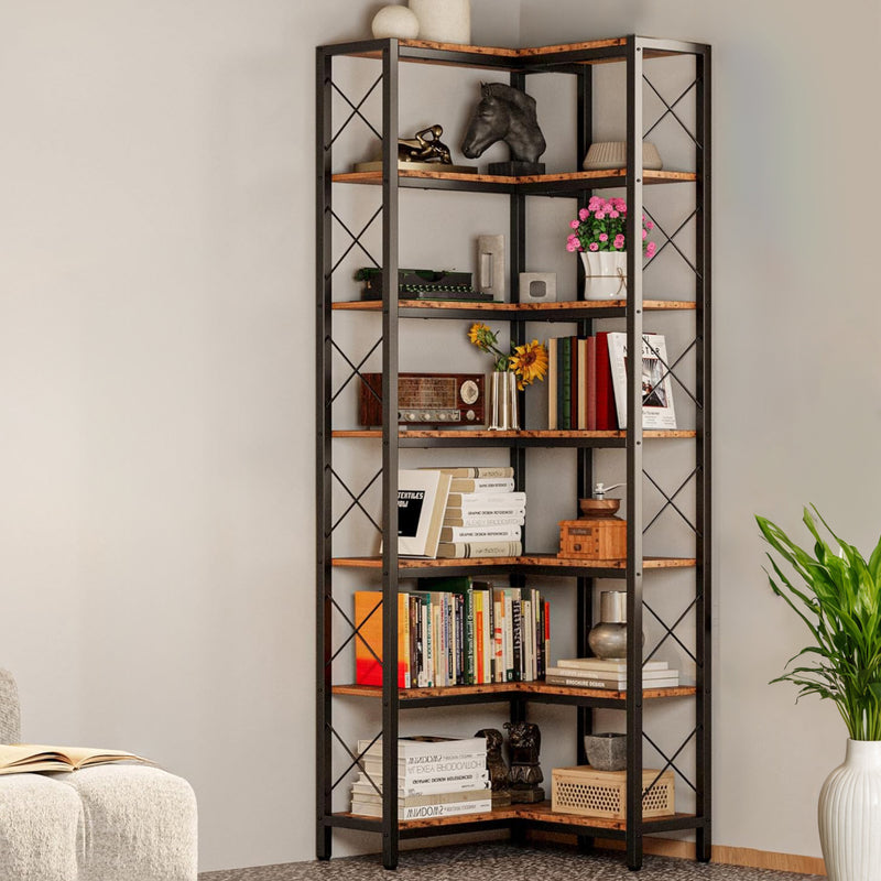 7-Tier Industrial Corner Bookshelf, Corner Shelf, Tall Storage Display Rack with Metal Frame, for Living Room, Home Office