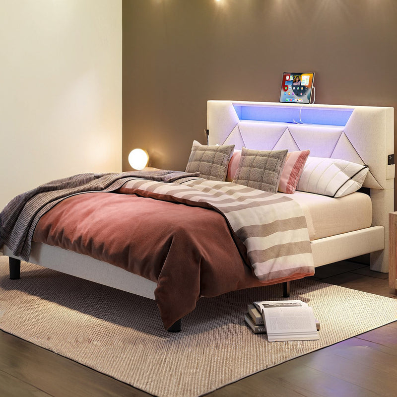 Bed Frame with Storage Headboard and Charging Cradle with Led Lights