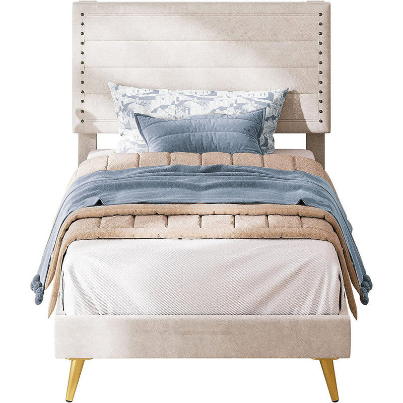 Twin Size Bed Frame with Upholstered Headboard and Wooden Slats Support, Beige