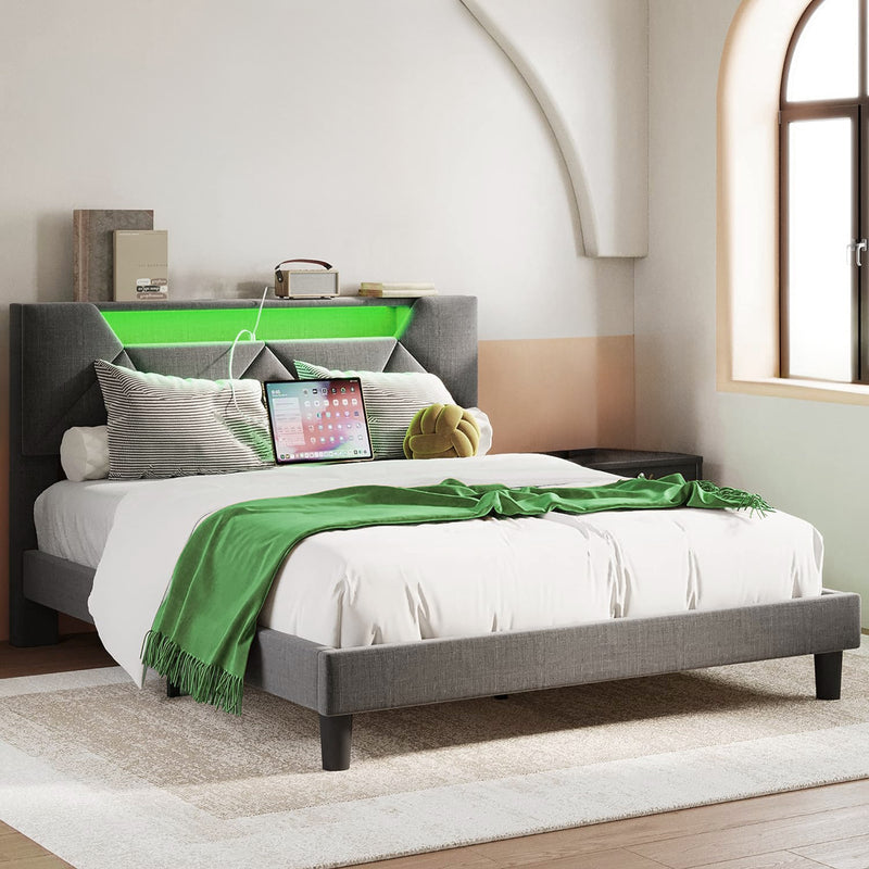 Bed Frame with Storage Headboard and Charging Cradle with Led Lights