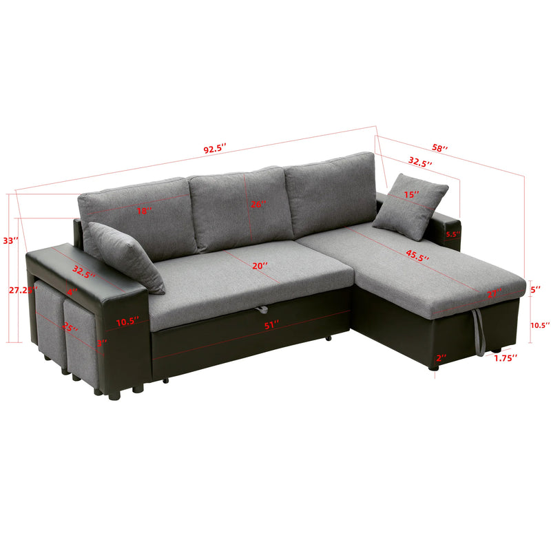 92.5-inch Sleeper Sectional Sofa with storage and 2 stools