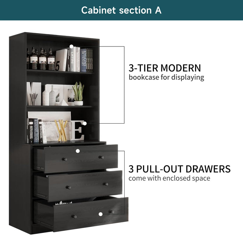 Combination Bookcase 2-Piece Set, 71-inch Bookcase with Drawers Shelves, 5-layer Storage Cabinet with Glass Doors