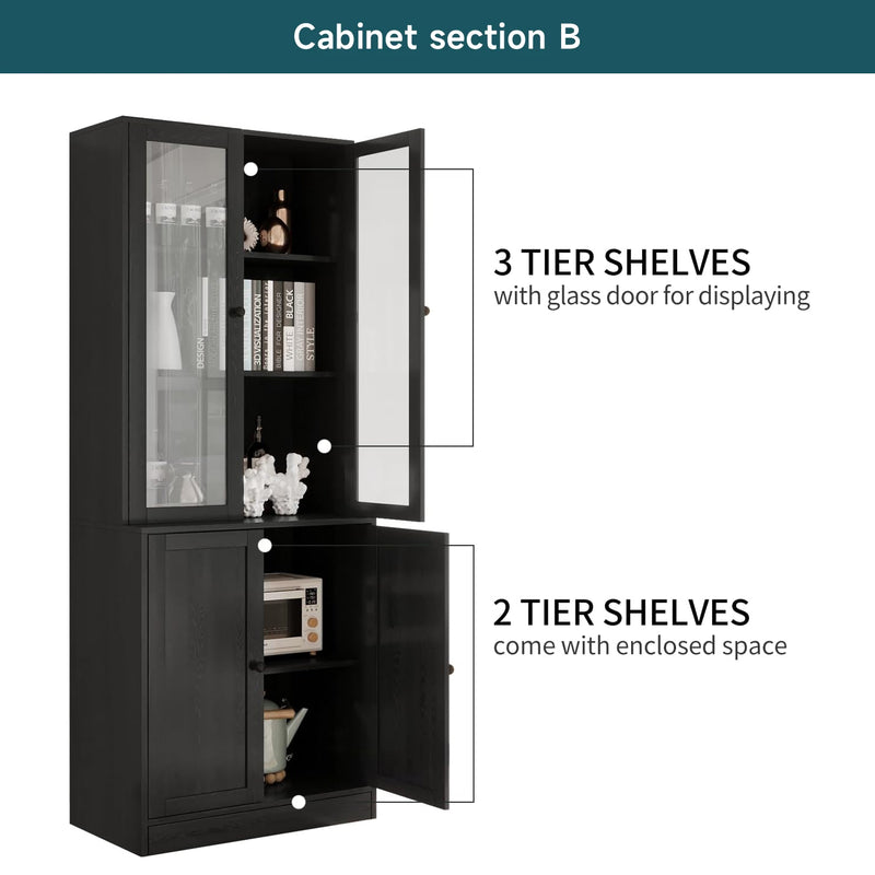 Combination Bookcase 4-Piece Set, 2pcs 71-inch Bookcase with Drawers Shelves, 2pcs 5-layer Storage Cabinet with Glass Doors