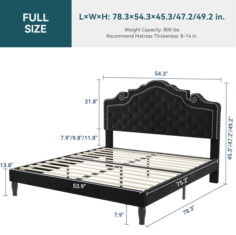 Upholstered Button Tufted Platform Bed with Adjustable Velvet Tiara Headboard No Springs Required, Black