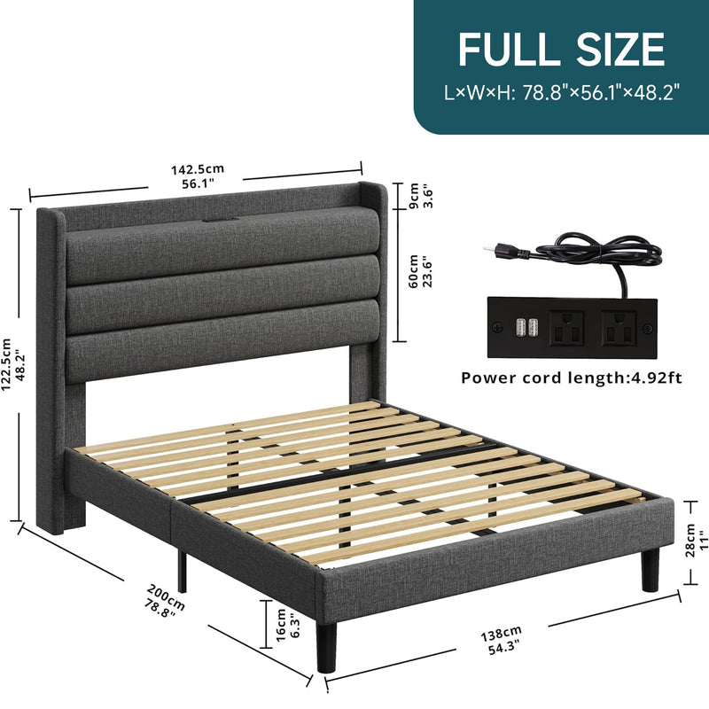 Upholstered Bed Frame with Storage Headboard and Outlets, Dark Gray