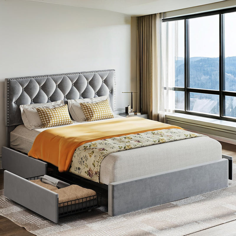 Queen Size Bed Frame with 4 Drawers, Velvet Upholstered Bedframe with Adjustable Headboard