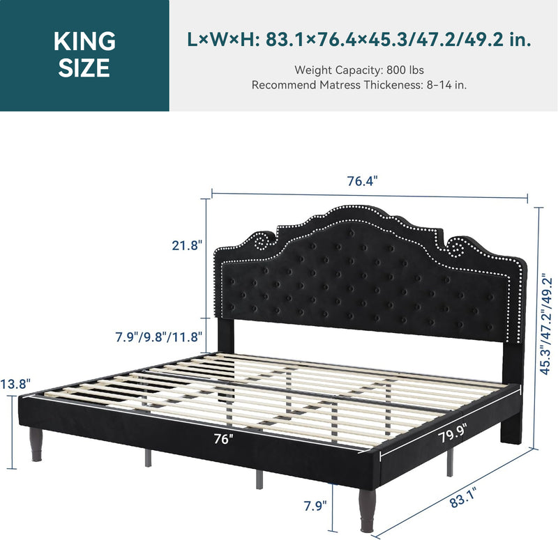 Upholstered Button Tufted Platform Bed with Adjustable Velvet Tiara Headboard No Springs Required, Black