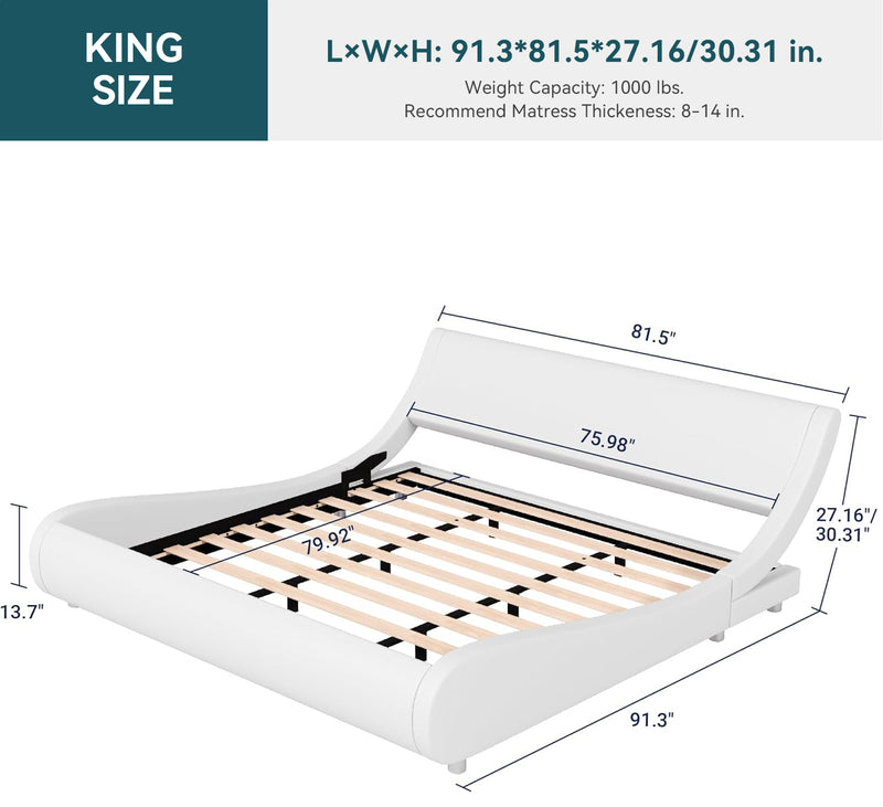 Upholstered Platform Bed Frame Modern Low Profile Sleigh Bed with Faux Leather Adjustable Headboard, Wood Slat Support, Ergonomic Bed Frame