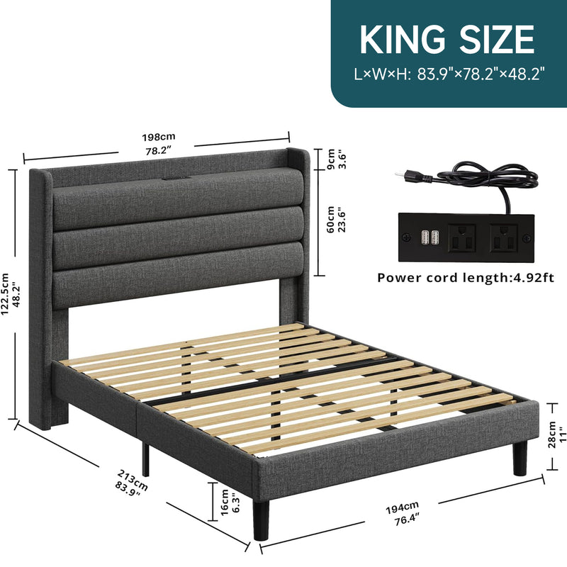 Upholstered Bed Frame with Storage Headboard and Outlets, Dark Gray