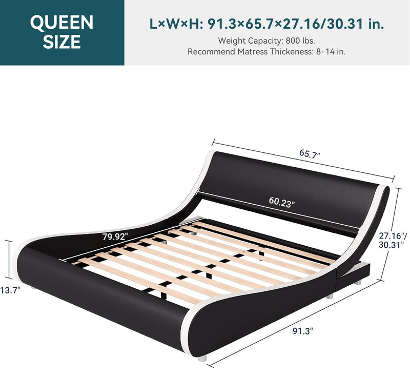 Upholstered Platform Bed Frame Modern Low Profile Sleigh Bed with Faux Leather Adjustable Headboard, Wood Slat Support, Ergonomic Bed Frame