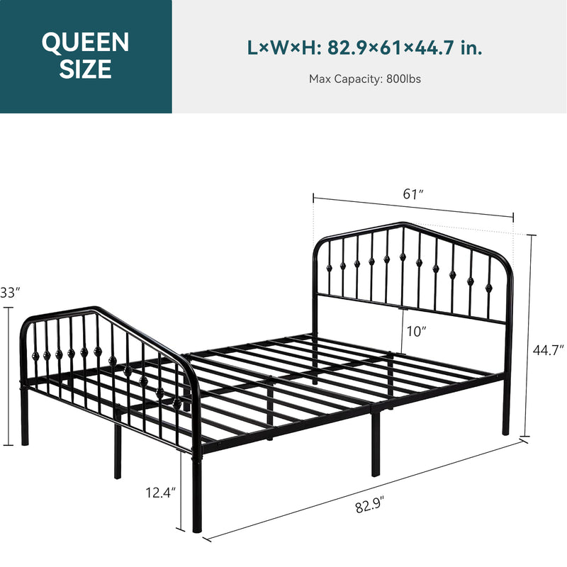 Vintage Metal Platform Bed Frame with Headboard and Footboard, No Springs Required, Black