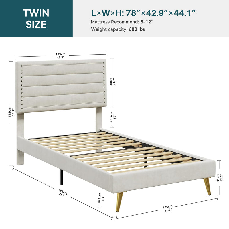 Twin Size Bed Frame with Upholstered Headboard and Wooden Slats Support, Beige