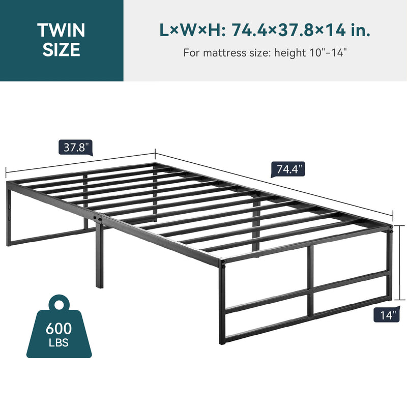 Twin Size Metal Platform Bed Frame with 14 Inch Underbed Storage No Box Spring Required, Black