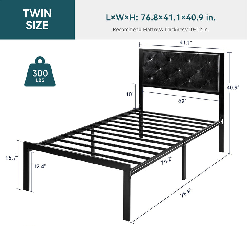 Twin Headboard Bed Frame with Faux Leather Upholstery, Chic Diamond Stitch Tufting Design, No Springs Required