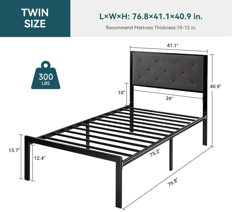 Twin Bed Frame with Upholstered Headboard, Chic Diamond Stitch Tufting Design, No Springs Required, Dark Gray