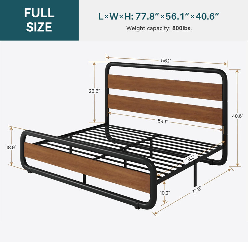 Metal Bed Frame with Wooden Headboard and Footboard, Heavy Duty Oval Platform Bed Frame with 10 Inches of Underbed Storage, No Springs Required