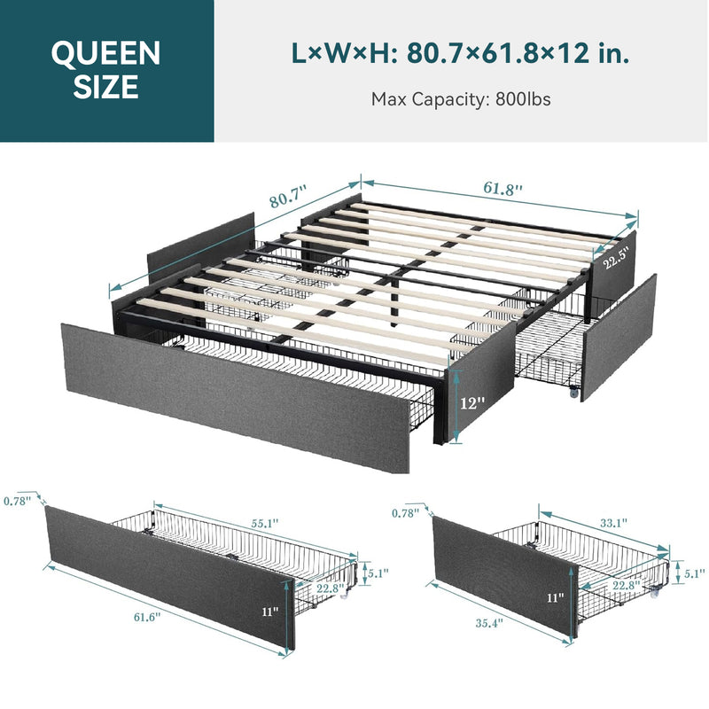 Upholstered Platform Bed Frame with 3 Storage Drawers, No Headboard, No Springs Required, Dark Grey