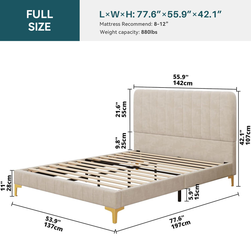 Velvet Bed Frame Upholstered Platform Bed with Headboard and Metal Supports, Queen/Full, Beige