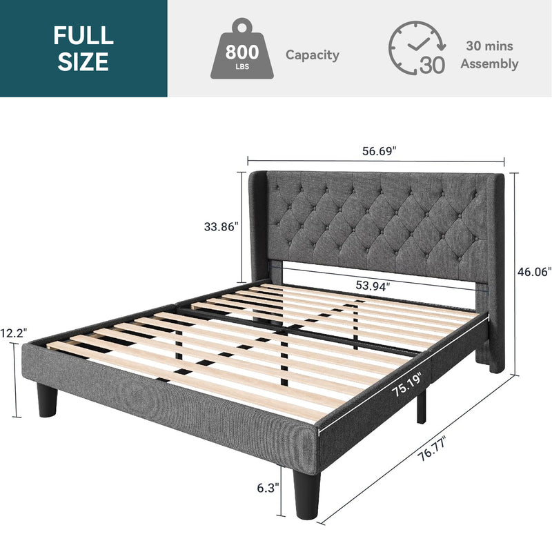 Upholstered Platform Bed with Button Tufted Wingback Headboard, Wooden Slats Support, No Box Spring Needed, Noise Free